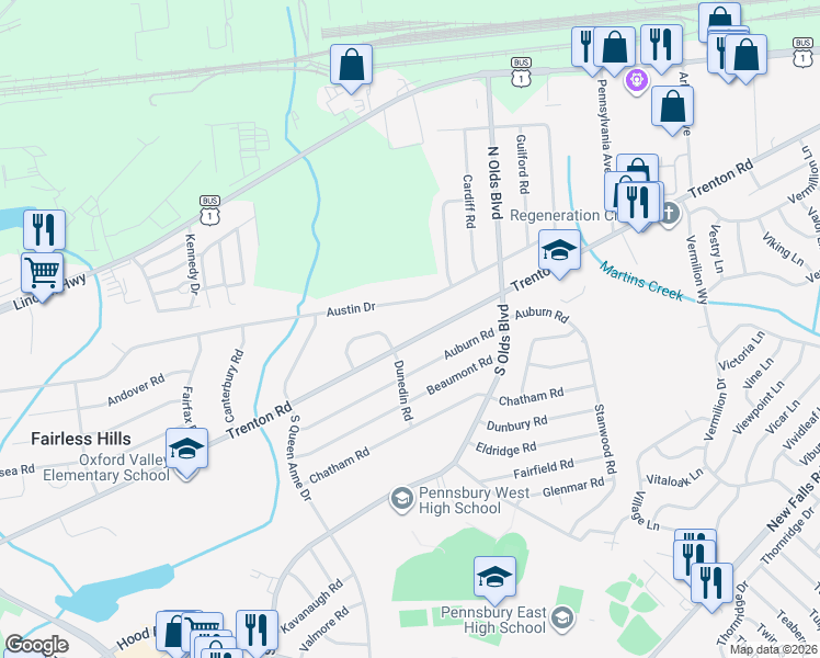 map of restaurants, bars, coffee shops, grocery stores, and more near 660 Austin Drive in Fairless Hills
