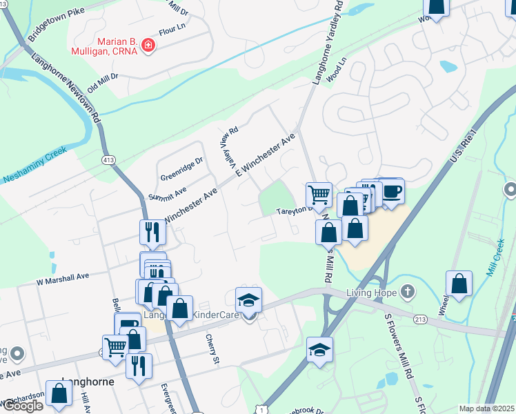 map of restaurants, bars, coffee shops, grocery stores, and more near 233 Farleigh Court in Langhorne