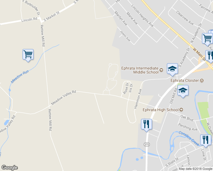 map of restaurants, bars, coffee shops, grocery stores, and more near 100 Fieldcrest Lane in Ephrata Township