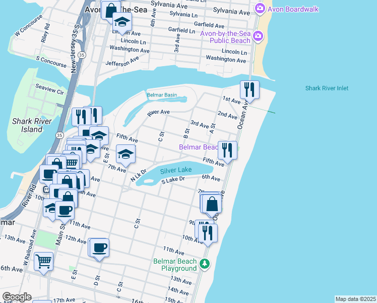 map of restaurants, bars, coffee shops, grocery stores, and more near 210 5th Avenue in Belmar