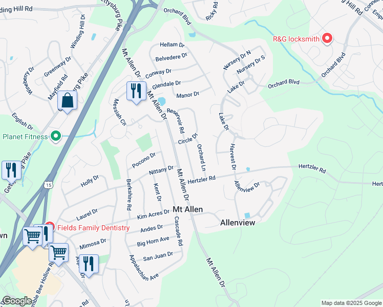 map of restaurants, bars, coffee shops, grocery stores, and more near 401 Reservoir Road in Mechanicsburg