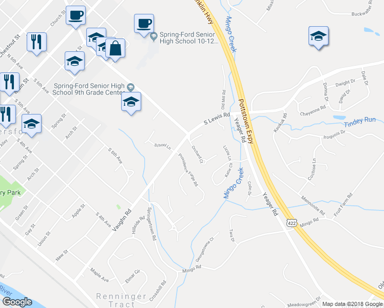 map of restaurants, bars, coffee shops, grocery stores, and more near 11 Orchard Court in Royersford