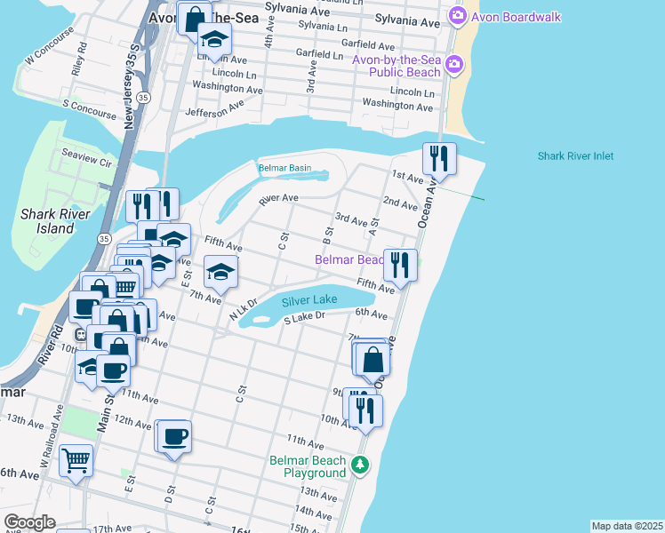 map of restaurants, bars, coffee shops, grocery stores, and more near 301 4th Avenue in Belmar