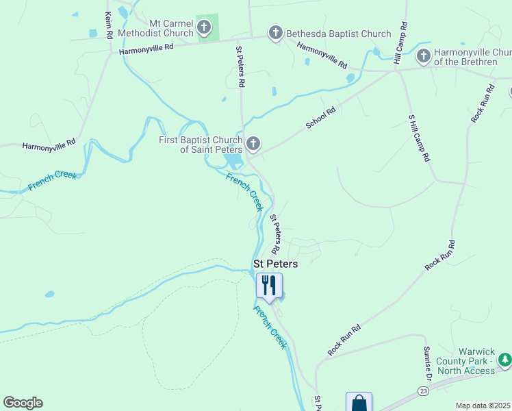 map of restaurants, bars, coffee shops, grocery stores, and more near 2989 Saint Peters Road in Elverson