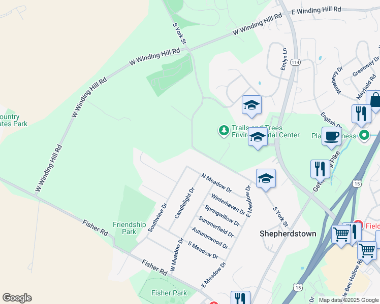 map of restaurants, bars, coffee shops, grocery stores, and more near 1704 South York Street in Mechanicsburg