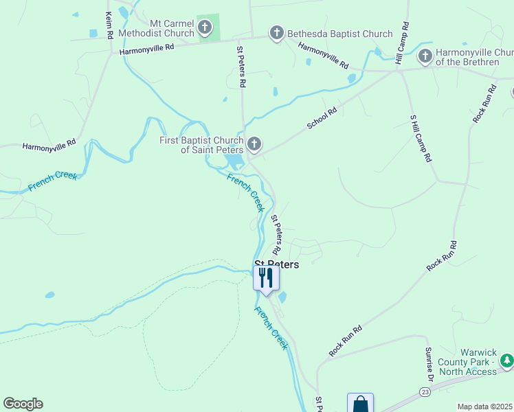 map of restaurants, bars, coffee shops, grocery stores, and more near 2989 Saint Peters Road in Elverson