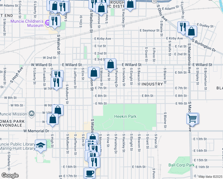 map of restaurants, bars, coffee shops, grocery stores, and more near 1301-1399 South Pershing Drive in Muncie