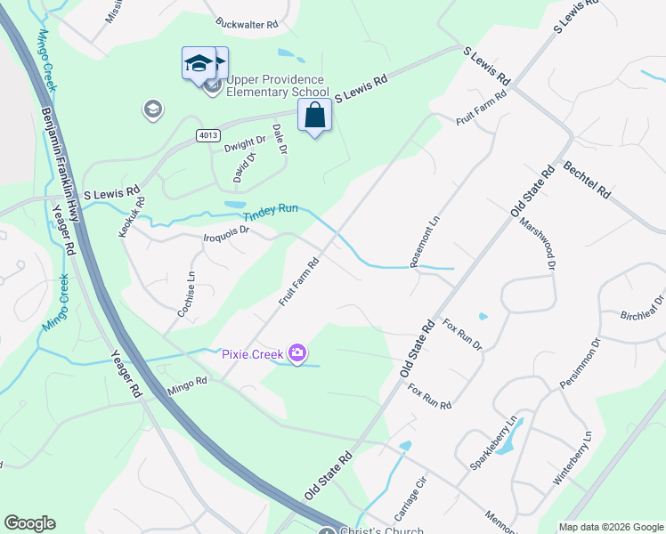 map of restaurants, bars, coffee shops, grocery stores, and more near 496 Fruit Farm Road in Royersford
