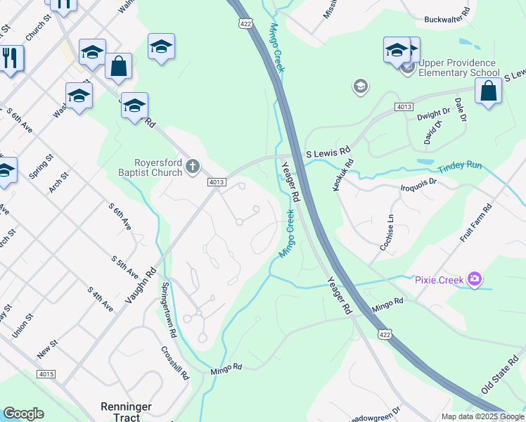 map of restaurants, bars, coffee shops, grocery stores, and more near 41 Orchard Court in Royersford