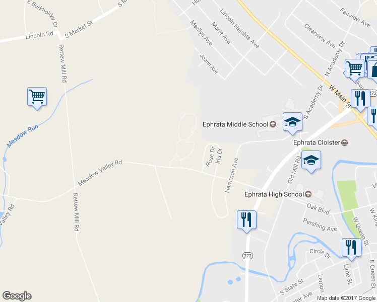 map of restaurants, bars, coffee shops, grocery stores, and more near 27 Stonecreek Court in Ephrata