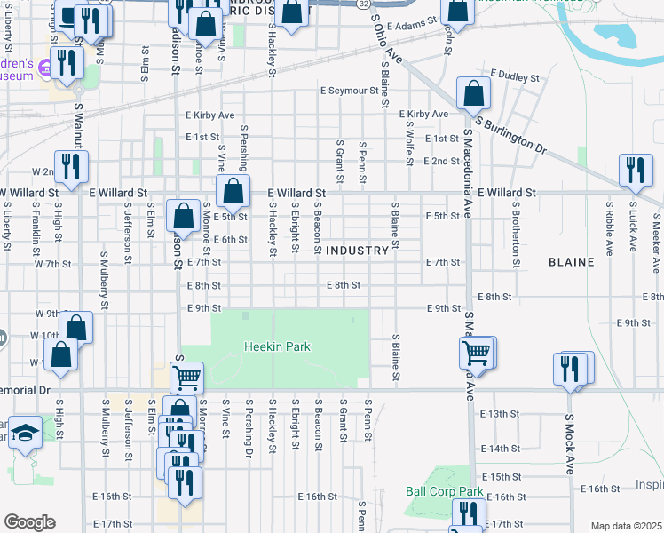 map of restaurants, bars, coffee shops, grocery stores, and more near 1111 East 7th Street in Muncie