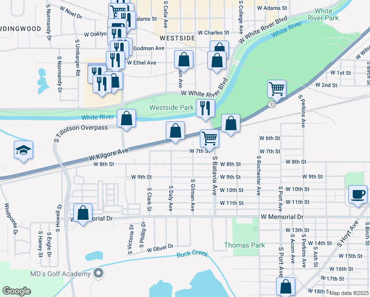 map of restaurants, bars, coffee shops, grocery stores, and more near 1301 South Gilman Avenue in Muncie