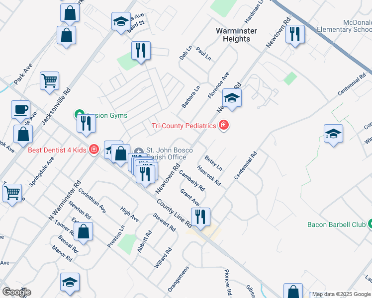 map of restaurants, bars, coffee shops, grocery stores, and more near 136 Newtown Road in Warminster