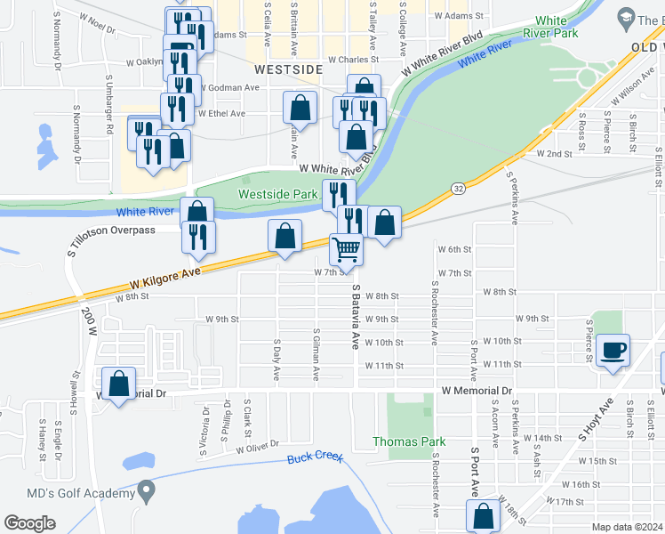 map of restaurants, bars, coffee shops, grocery stores, and more near 2228 West 7th Street in Muncie
