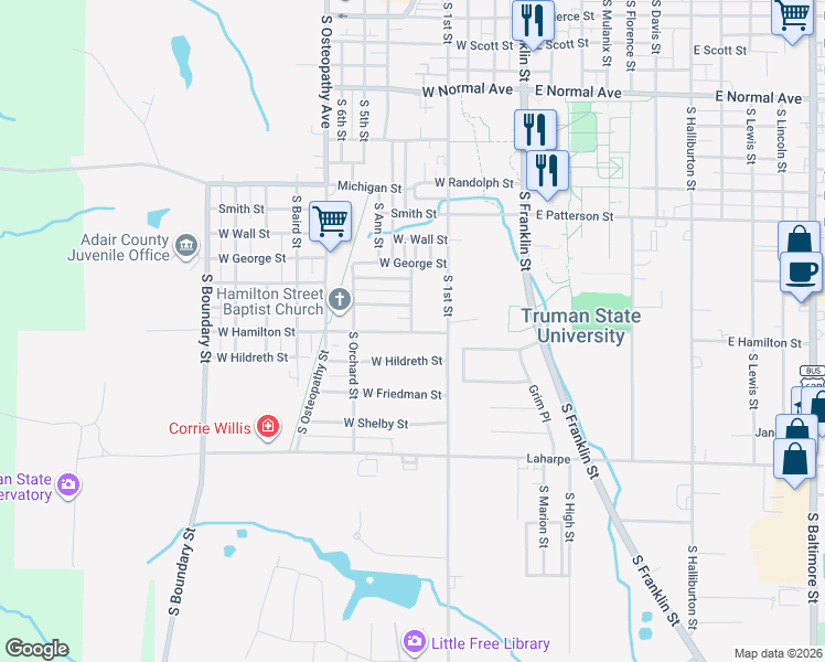 map of restaurants, bars, coffee shops, grocery stores, and more near 1599 S Riggen St in Kirksville