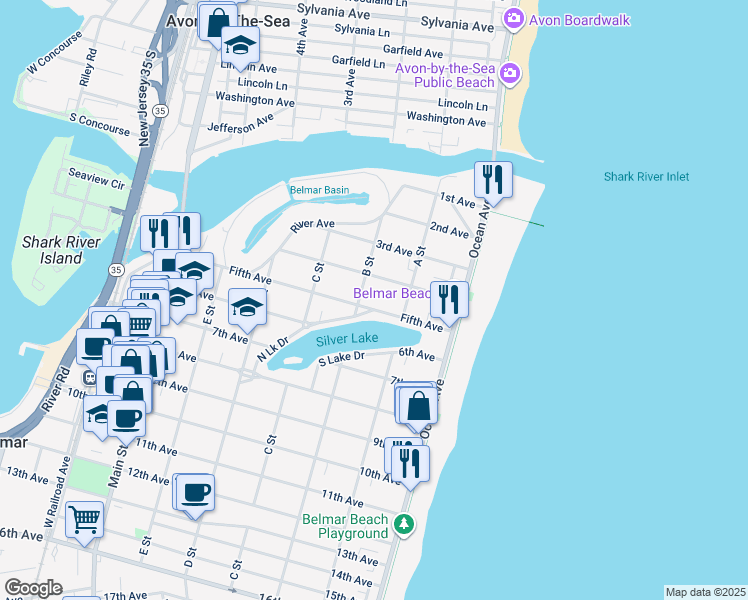 map of restaurants, bars, coffee shops, grocery stores, and more near 210 5th Avenue in Belmar
