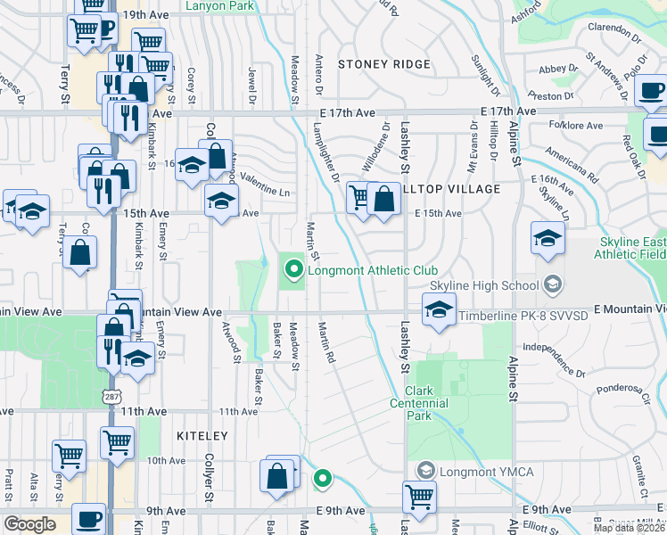 map of restaurants, bars, coffee shops, grocery stores, and more near 32 Nome Court in Longmont