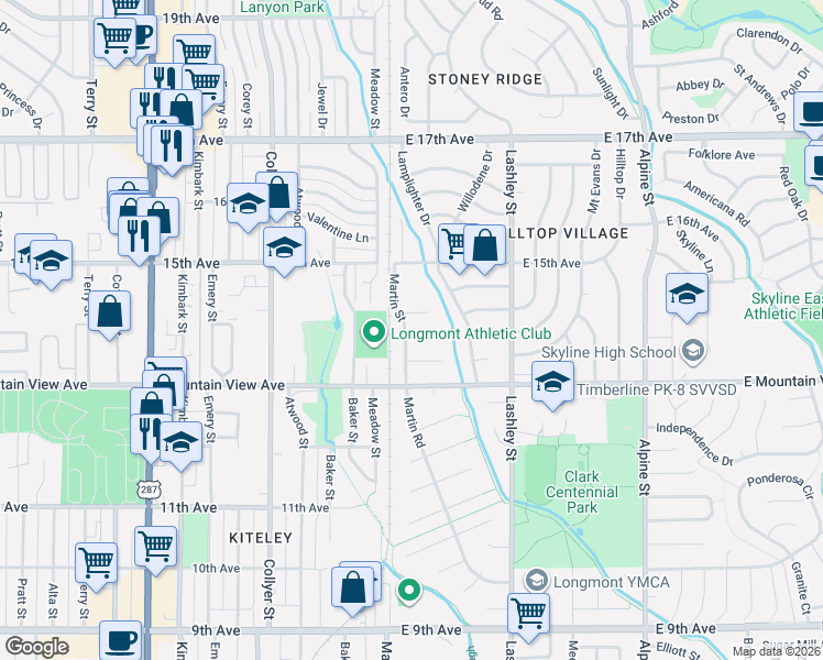map of restaurants, bars, coffee shops, grocery stores, and more near 32 Nome Court in Longmont