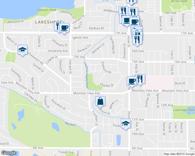 map of restaurants, bars, coffee shops, grocery stores, and more near 2615 Elmhurst Circle in Longmont