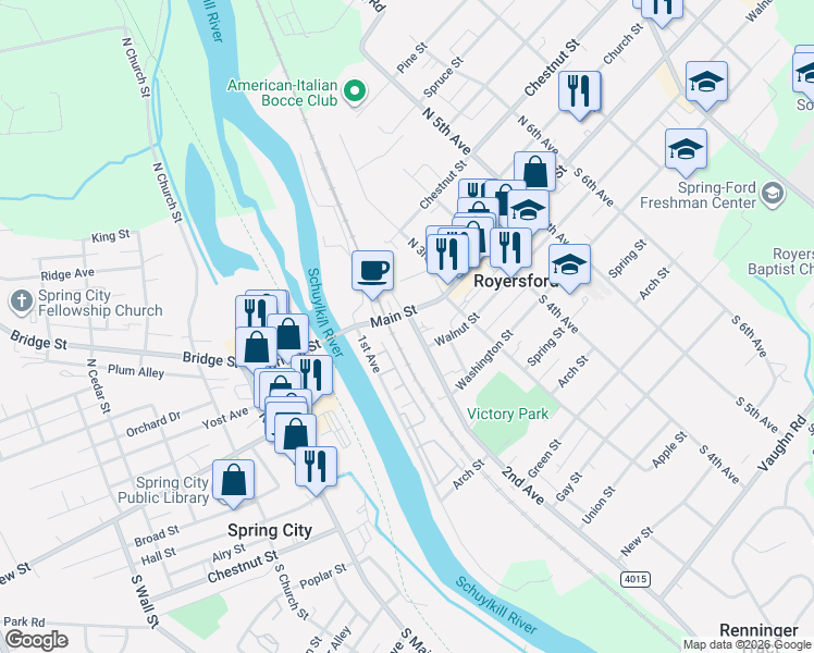 map of restaurants, bars, coffee shops, grocery stores, and more near 13 2nd Avenue in Royersford