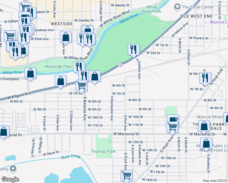 map of restaurants, bars, coffee shops, grocery stores, and more near 1813 West 6th Street in Muncie