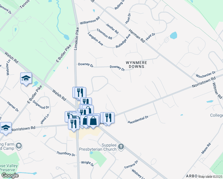 map of restaurants, bars, coffee shops, grocery stores, and more near 601 Misty Hollow Drive in Maple Glen