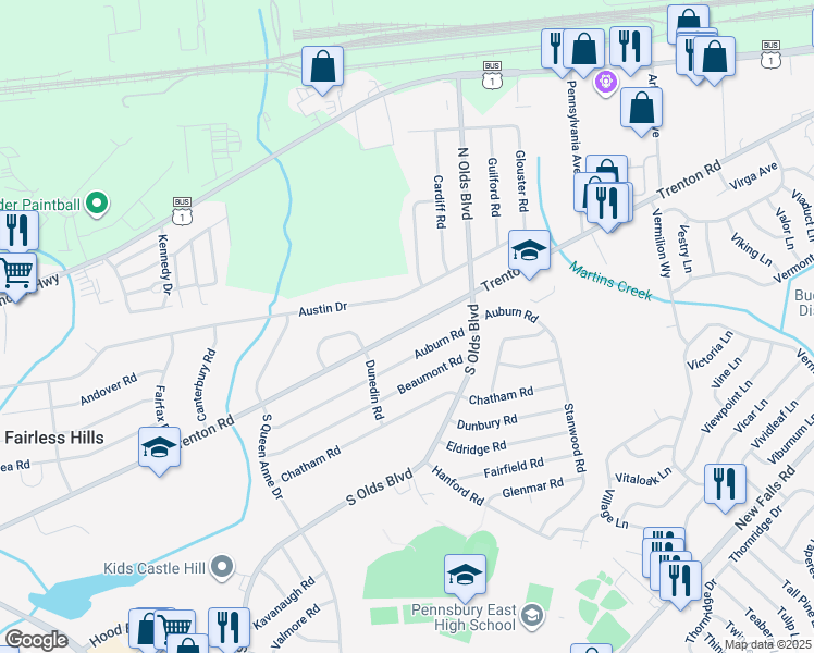 map of restaurants, bars, coffee shops, grocery stores, and more near 705 Trenton Road in Fairless Hills