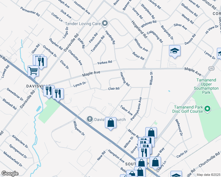 map of restaurants, bars, coffee shops, grocery stores, and more near 341 Clair Road in Southampton