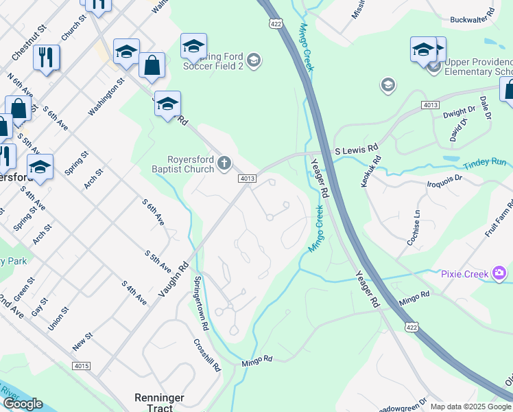 map of restaurants, bars, coffee shops, grocery stores, and more near 11 Orchard Court in Royersford