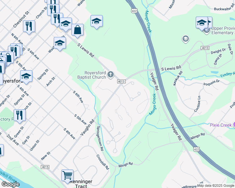 map of restaurants, bars, coffee shops, grocery stores, and more near 27 Providence Forge Road in Royersford