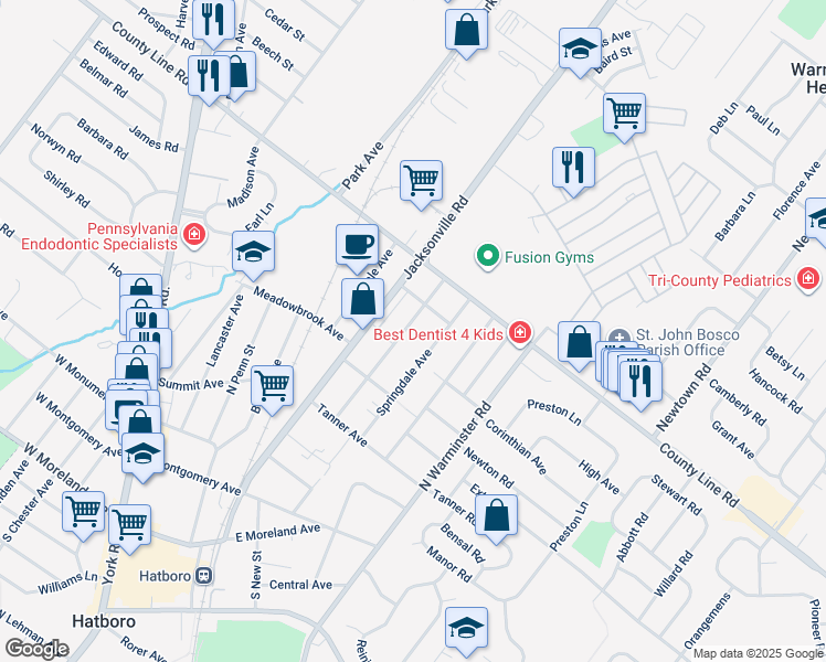 map of restaurants, bars, coffee shops, grocery stores, and more near 450 Lincoln Avenue in Hatboro