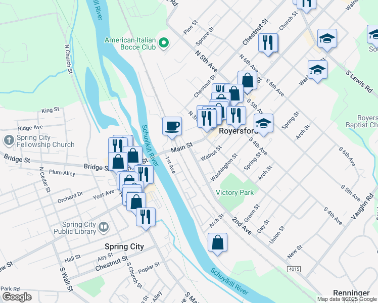 map of restaurants, bars, coffee shops, grocery stores, and more near 13 2nd Avenue in Royersford