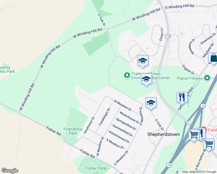 map of restaurants, bars, coffee shops, grocery stores, and more near 1704 South York Street in Mechanicsburg