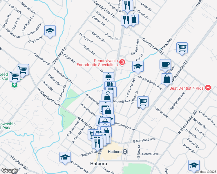 map of restaurants, bars, coffee shops, grocery stores, and more near 3 Cobblestone Circle in Hatboro