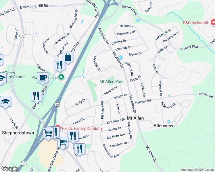 map of restaurants, bars, coffee shops, grocery stores, and more near 301 Berkshire Road in Mechanicsburg