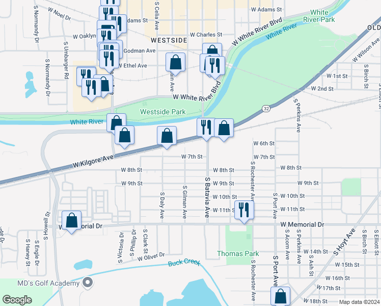 map of restaurants, bars, coffee shops, grocery stores, and more near 2236 West 7th Street in Muncie