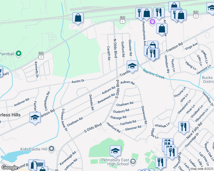 map of restaurants, bars, coffee shops, grocery stores, and more near 692 Trenton Road in Fairless Hills