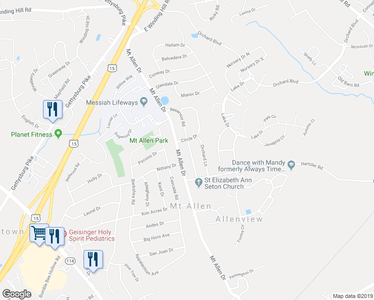 map of restaurants, bars, coffee shops, grocery stores, and more near 404 Reservoir Road in Mechanicsburg