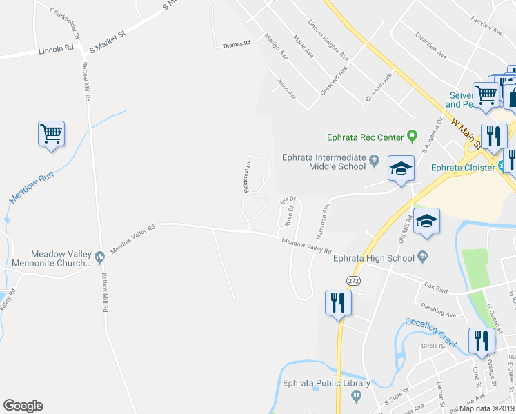 map of restaurants, bars, coffee shops, grocery stores, and more near 31 Stonecreek Court in Ephrata