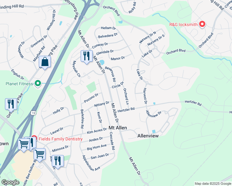 map of restaurants, bars, coffee shops, grocery stores, and more near 404 Reservoir Road in Mechanicsburg