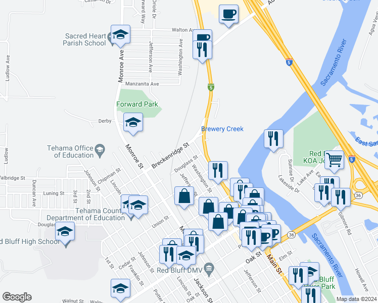 map of restaurants, bars, coffee shops, grocery stores, and more near 1322 Washington Street in Red Bluff