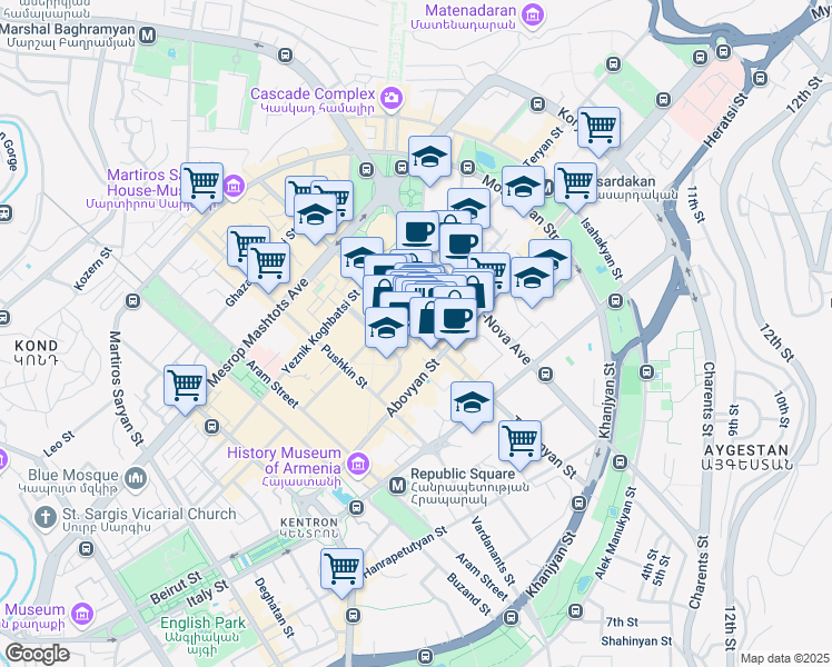 map of restaurants, bars, coffee shops, grocery stores, and more near 21 Tumanyan Street in Yerevan