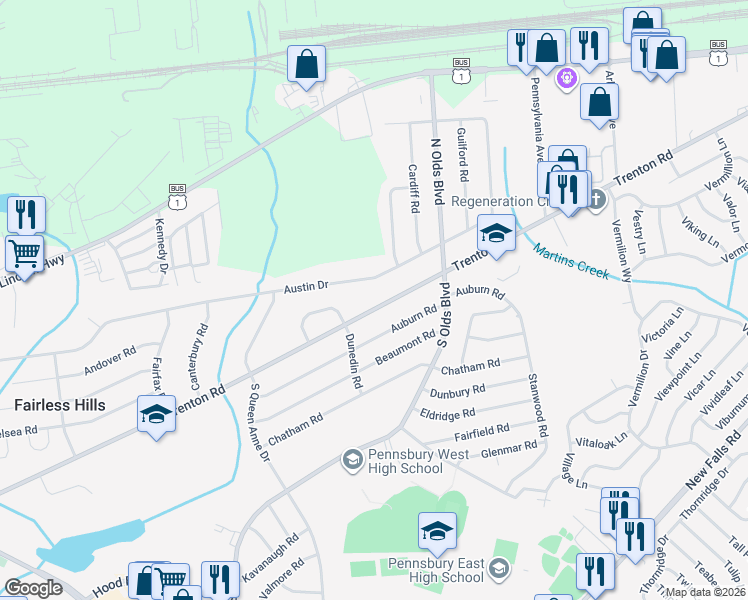 map of restaurants, bars, coffee shops, grocery stores, and more near 678 Austin Drive in Fairless Hills