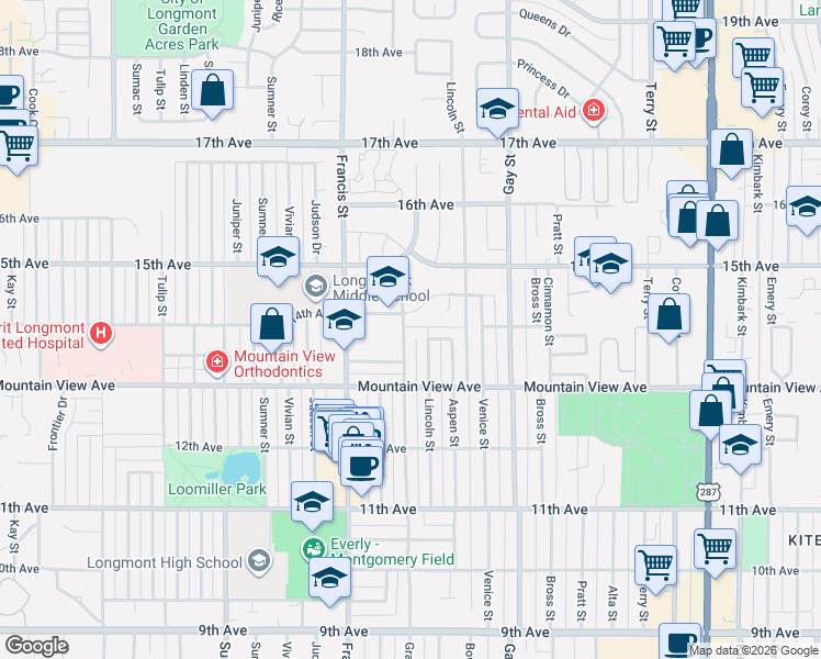 map of restaurants, bars, coffee shops, grocery stores, and more near 1378 14th Avenue in Longmont