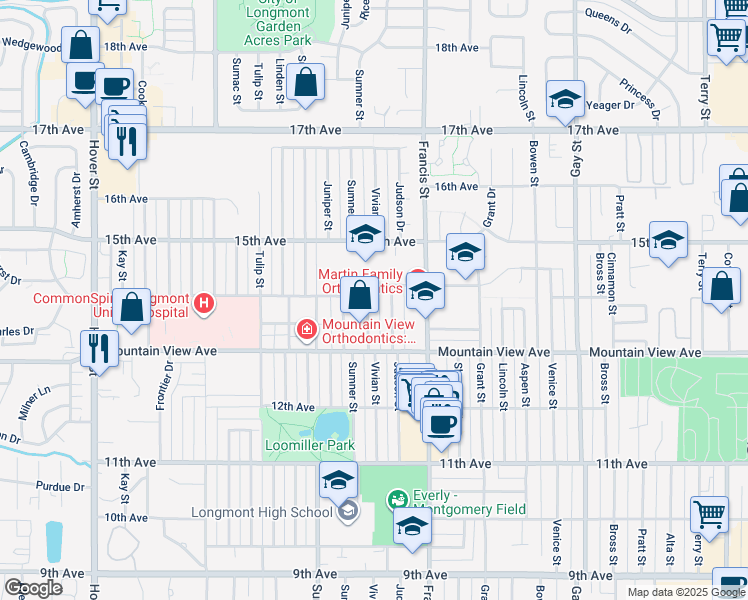map of restaurants, bars, coffee shops, grocery stores, and more near 1605 14th Avenue in Longmont