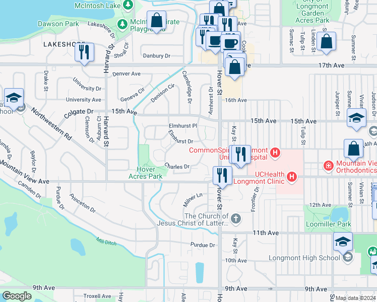 map of restaurants, bars, coffee shops, grocery stores, and more near 1408 Elmhurst Drive in Longmont