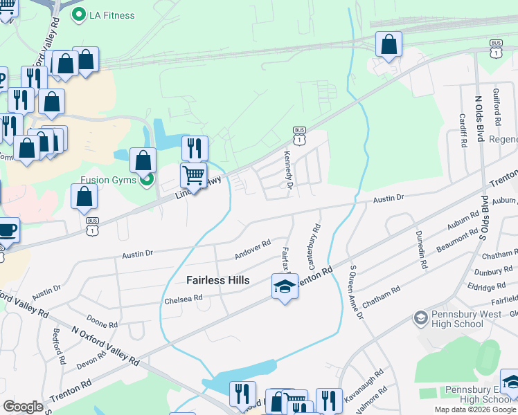 map of restaurants, bars, coffee shops, grocery stores, and more near 15 Kennedy Drive in Fairless Hills