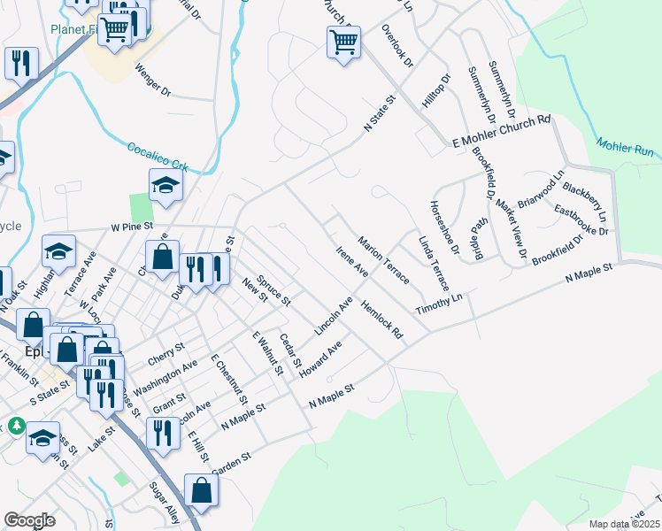 map of restaurants, bars, coffee shops, grocery stores, and more near 116 Hemlock Road in Ephrata