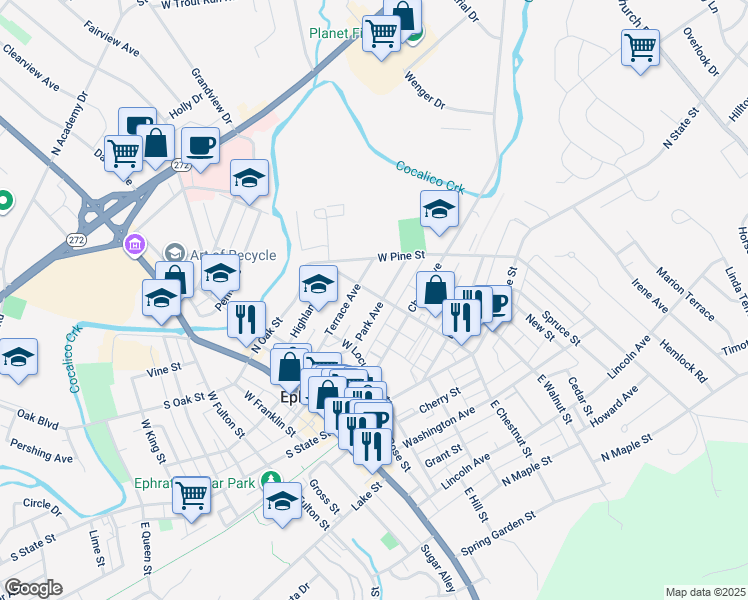 map of restaurants, bars, coffee shops, grocery stores, and more near 301 West Chestnut Street in Ephrata
