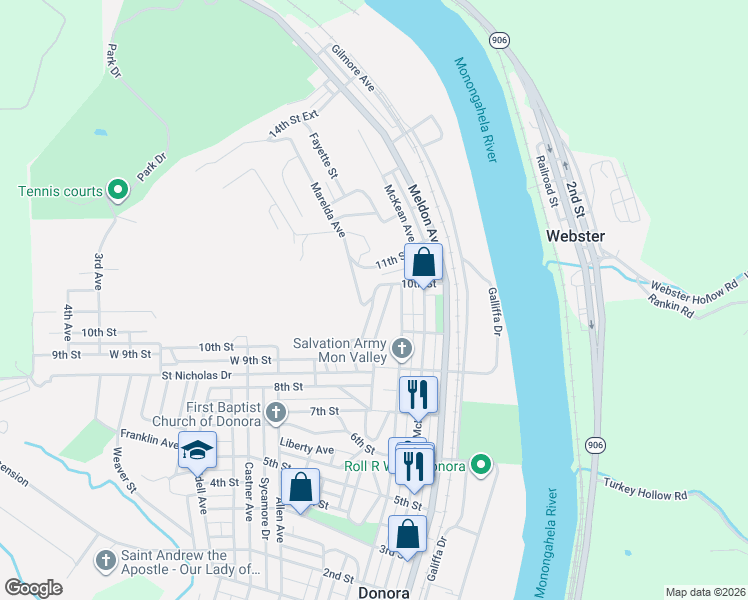 map of restaurants, bars, coffee shops, grocery stores, and more near 1034 Marelda Avenue in Donora